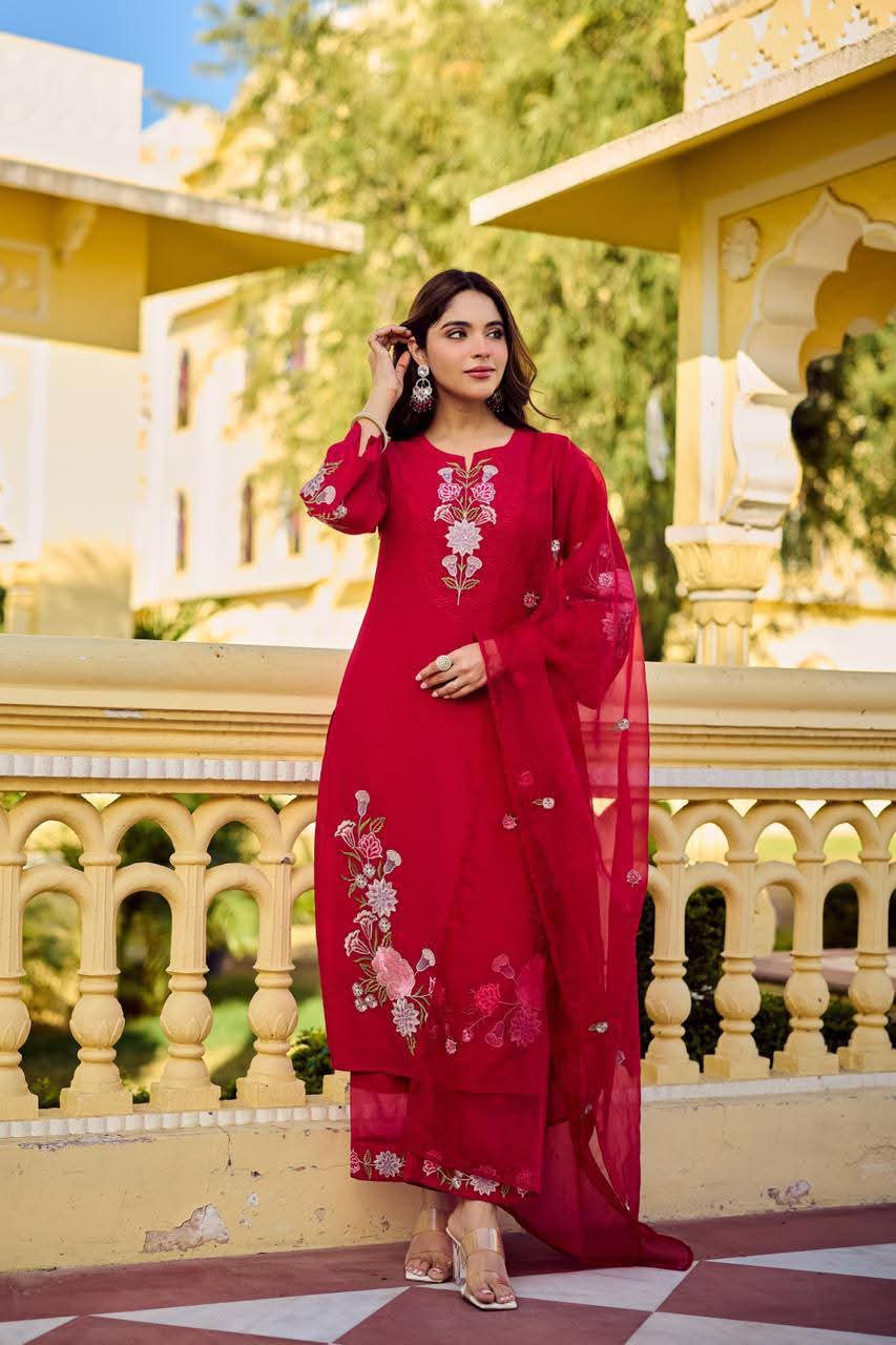 Viscose mul crush fully embroidered three piece set (A1453)