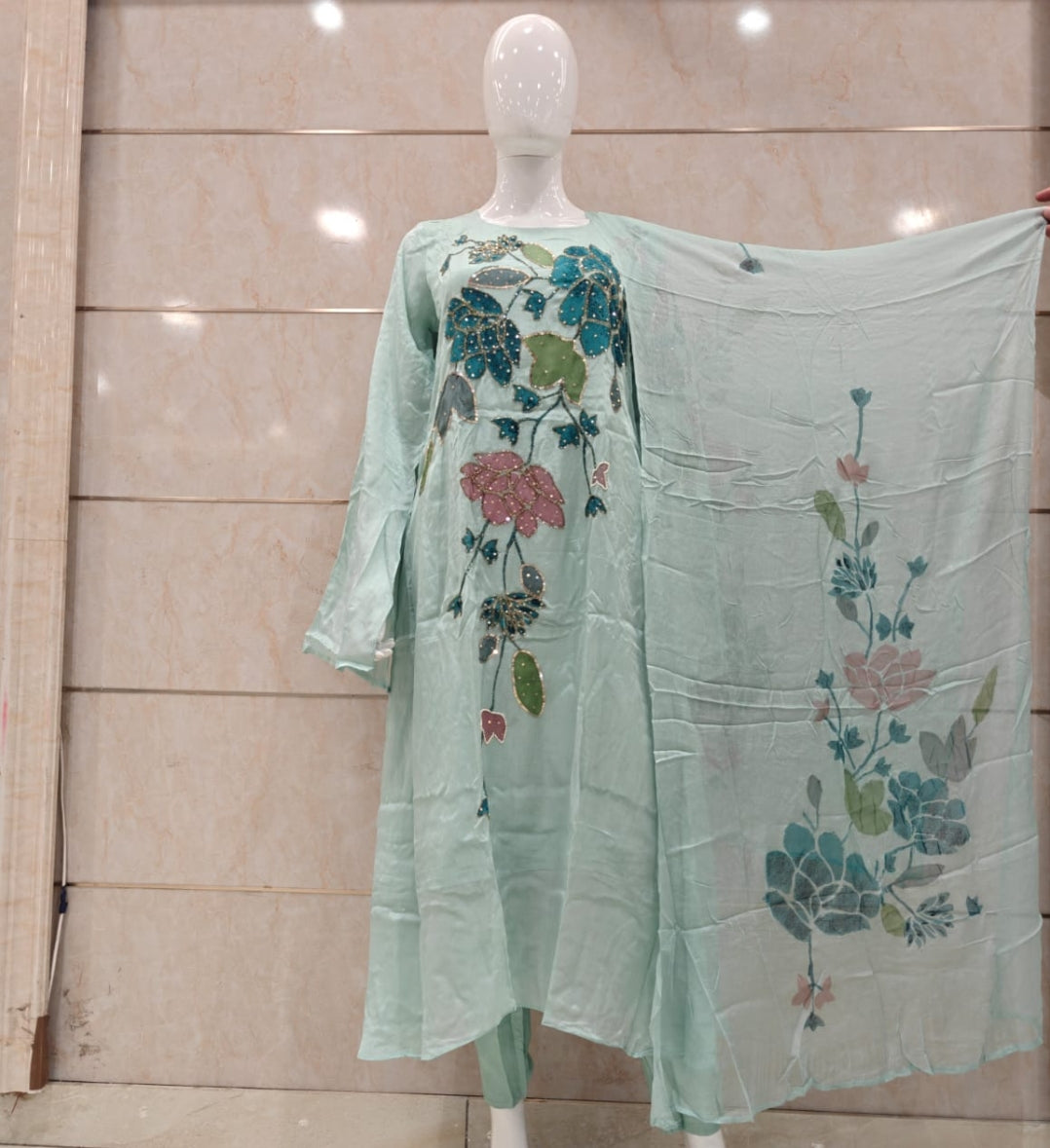 Powder blue pure chinnon heavy work three piece set (B238)