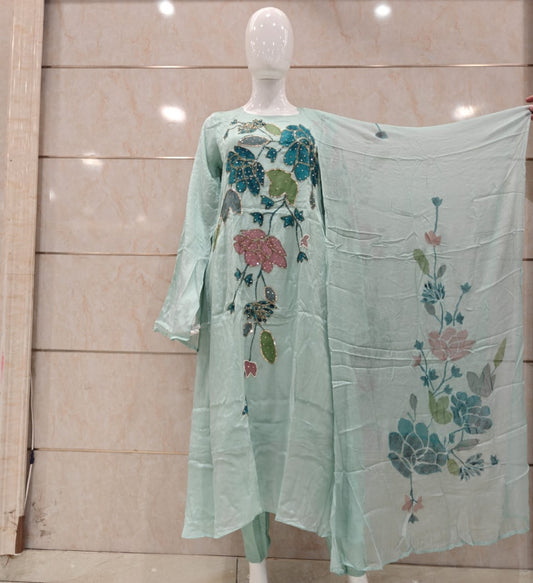 Powder blue pure chinnon heavy work three piece set (B238)