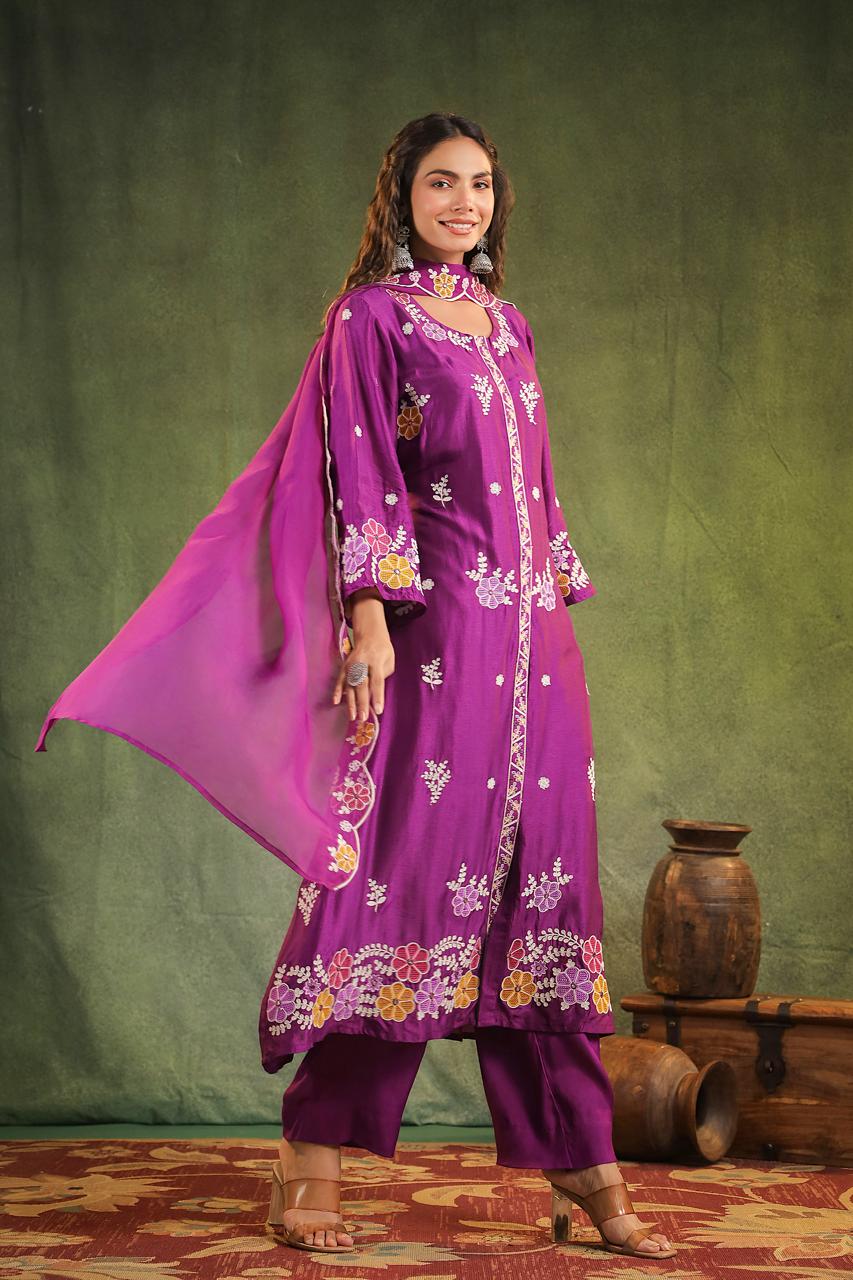 Purple pure dola silk with cotton lining three piece set (P858)