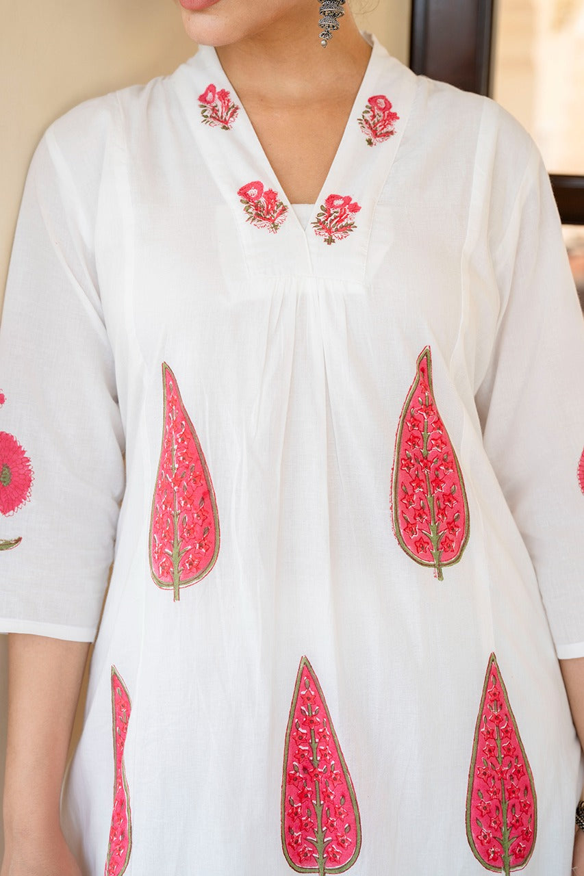 White with red pure cotton with lining block print and kota dupatta three piece set (p761)