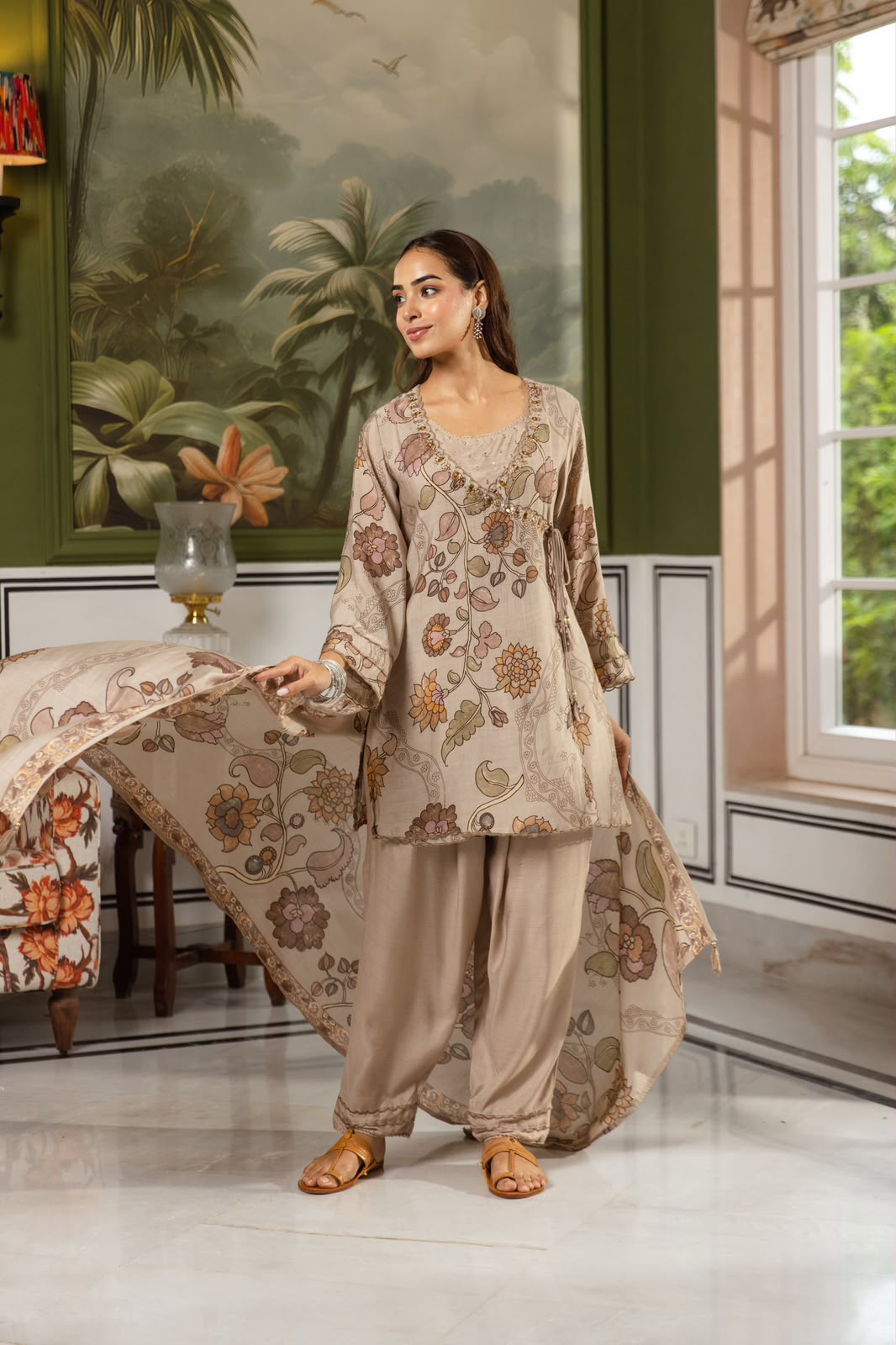 Pure muslin kalamkari print three piece set with farshi salwar (C749)