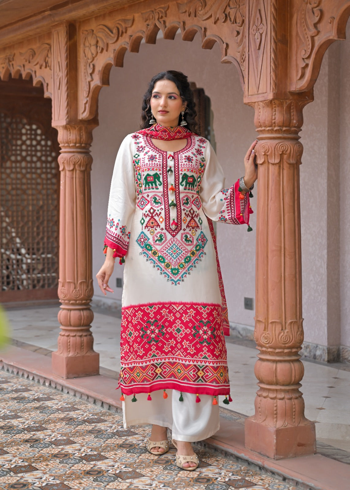 Pure Russian silk patola print with lining smart three piece set (C714)