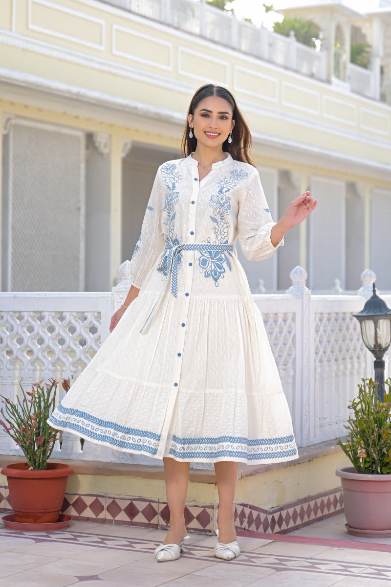 Dobby cotton fully embroidered with mul lining smart one piece dress (B887)