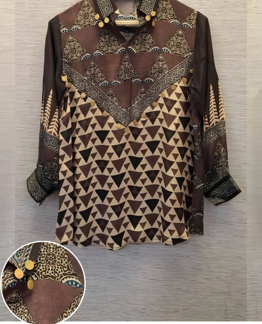 Brown ajrak print pure crape silk shirt (A1072)