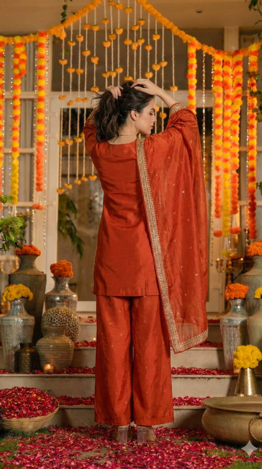 Orange pure silk with lining full jari work three piece set (A1391)