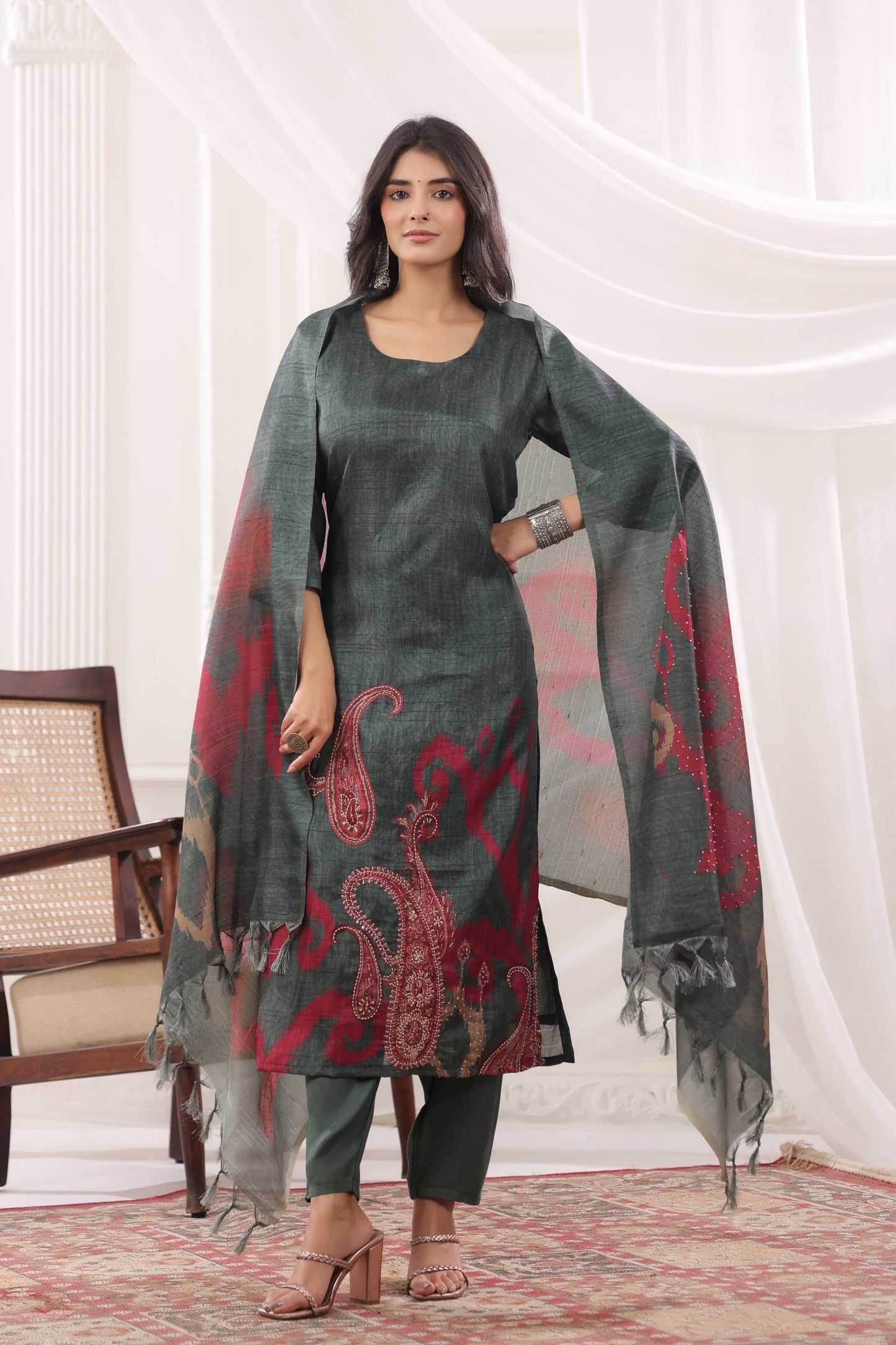 Pure jamdani with thread work three piece set (A1511)