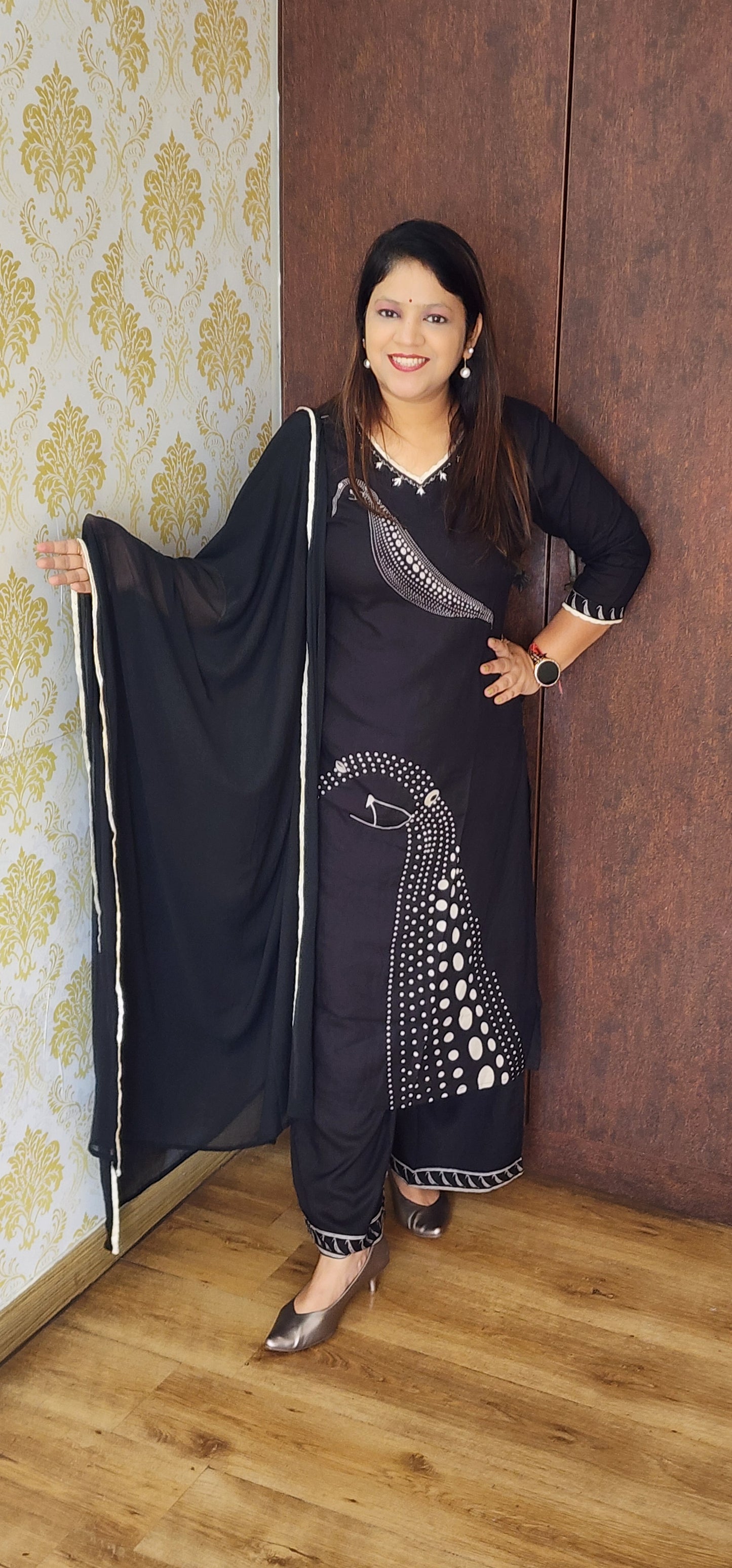 Black cotton rayon designer three piece set (P875)