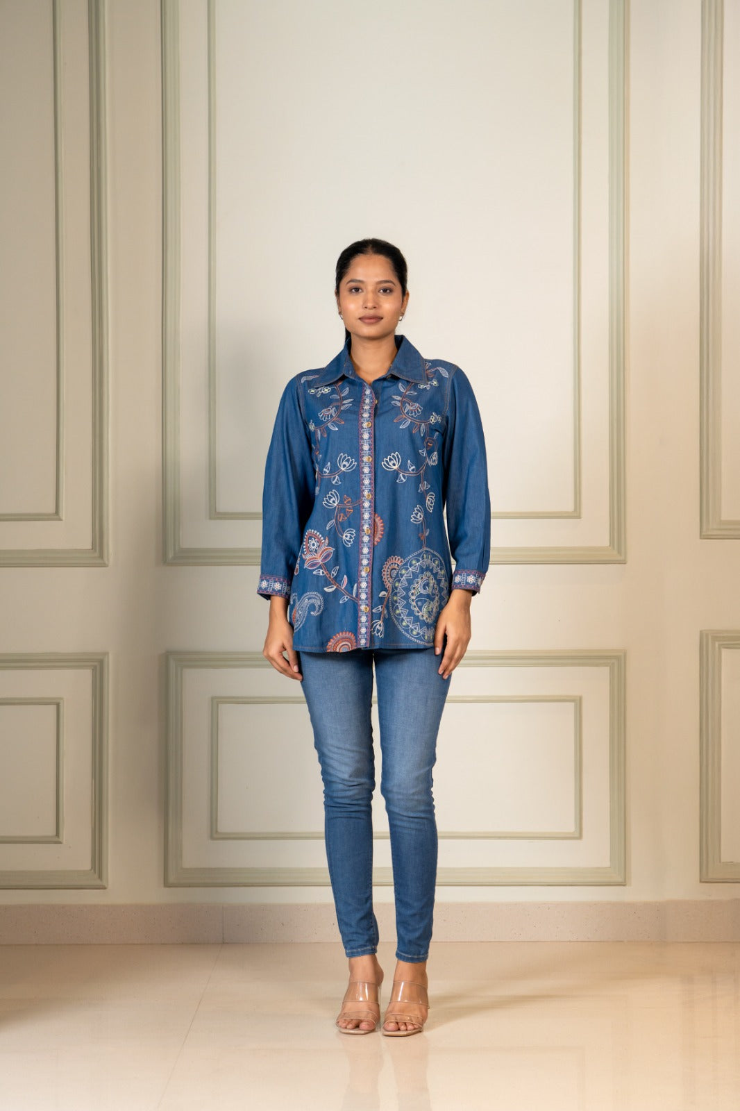 Blue denim fully embroidered top (A1153)