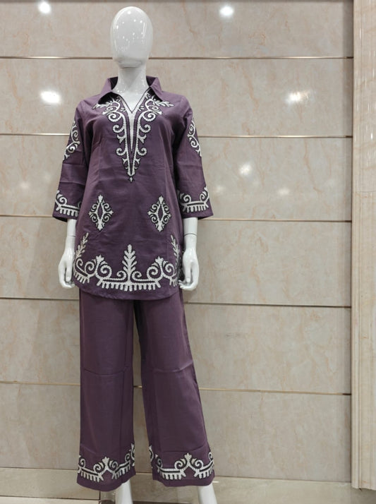 Purple pure cotton fully embroidered two piece cordset (A704)