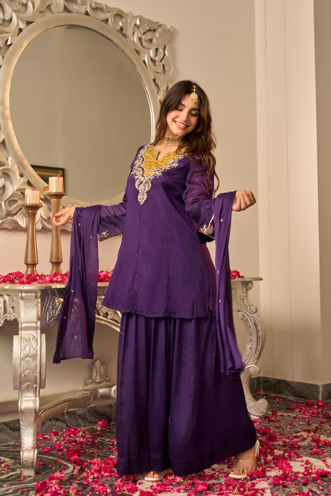 Pure chinnon with flared sharara mul cotton lining three piece set (S424)