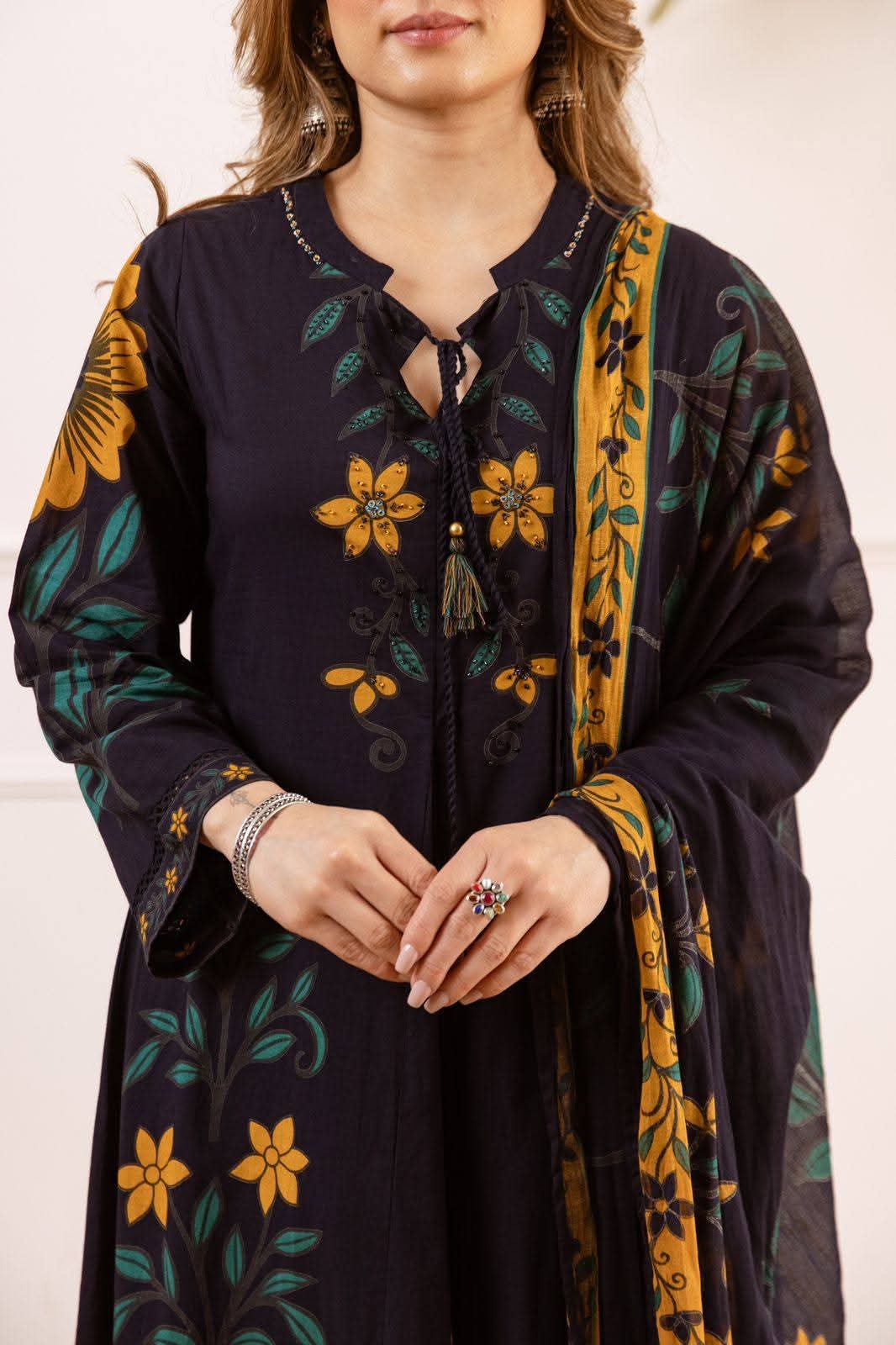 Pure cotton flared printed dark blue colour anarkali three piece set (A1903)