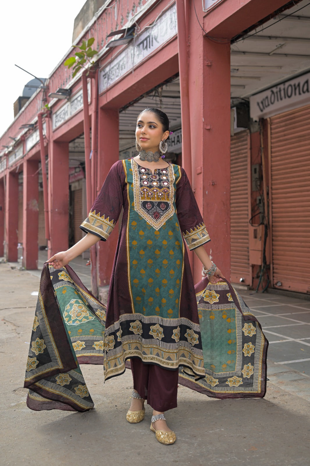 Pure cotton real mirror work three piece set (C653)