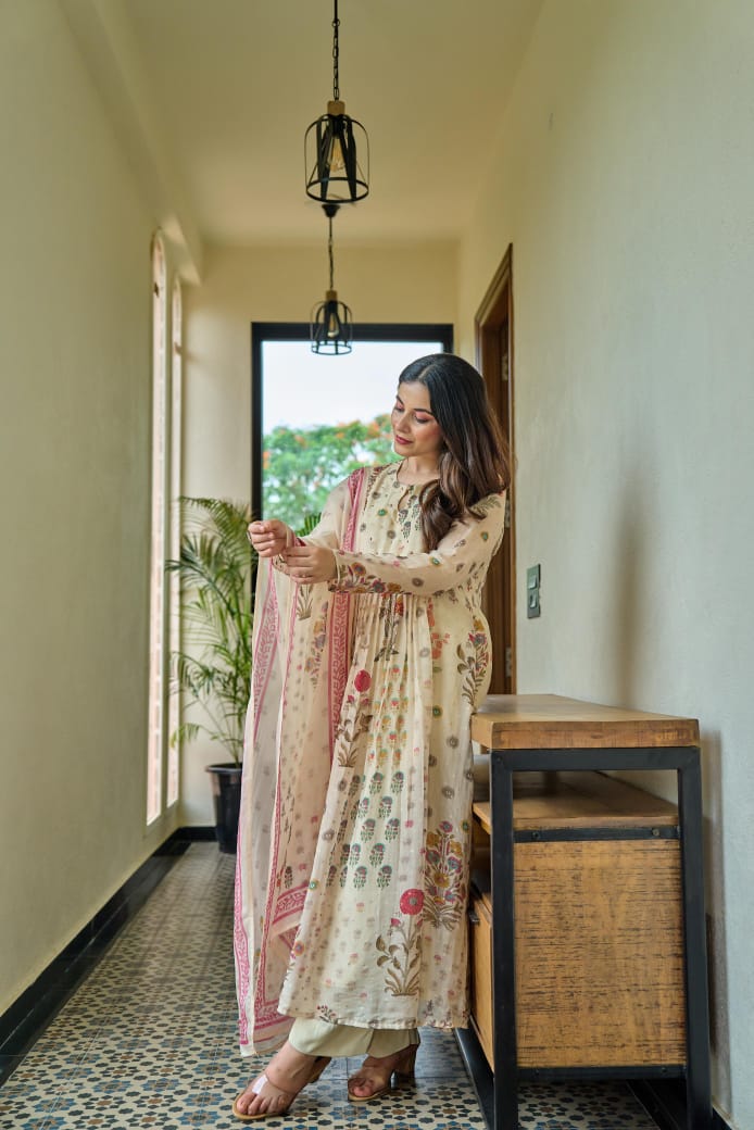 Off white oraganza with banarasi buti designer three piece set (A408)