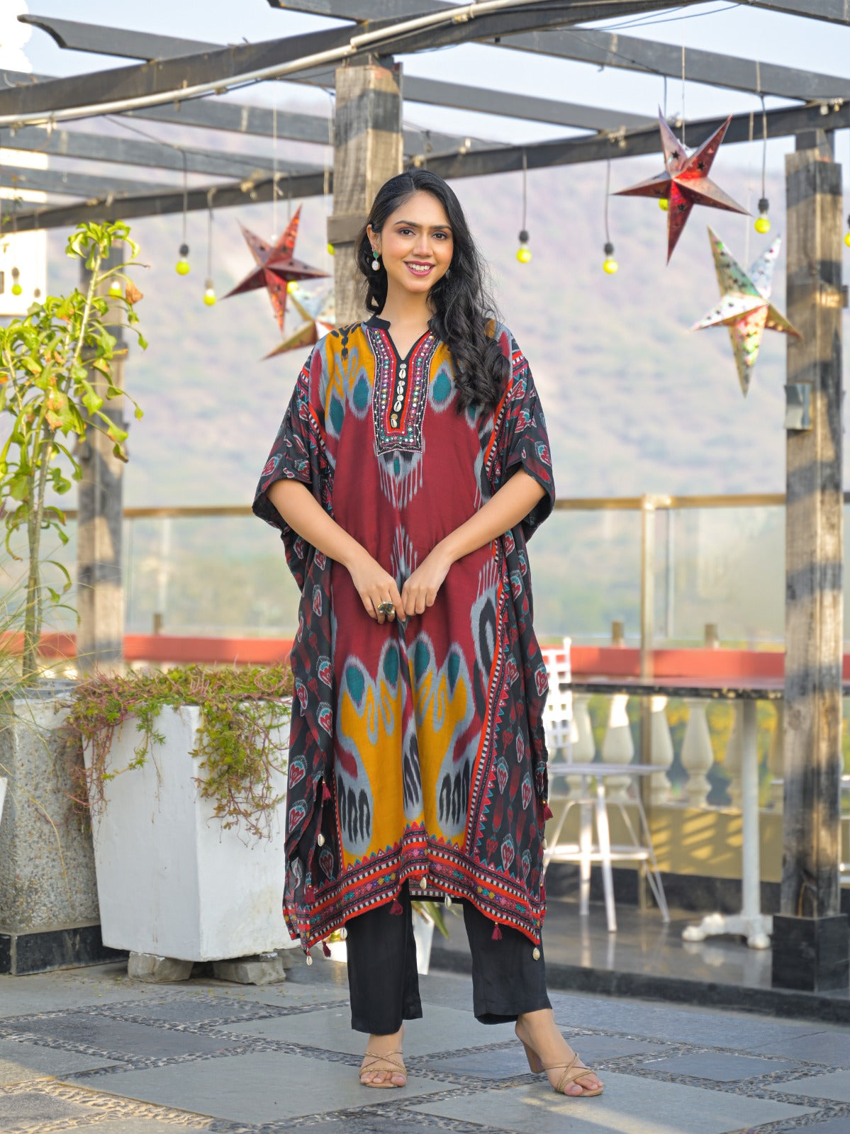 Pure muslin ikkat print smart kaftan set (A1759)