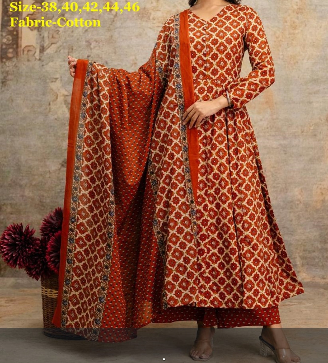 Rust pure cotton flared three piece anarkali (A455)