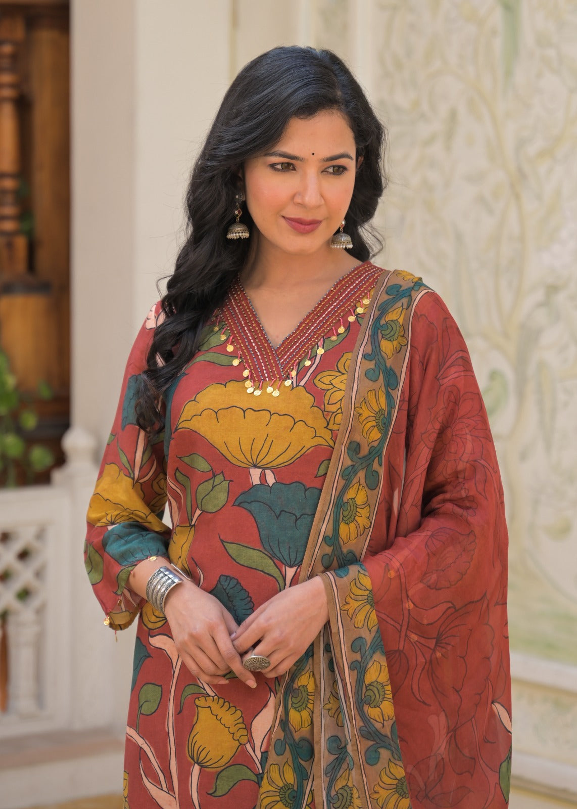 Pure mul silk kalamkari print with chiffon dupatta three piece set (C102)