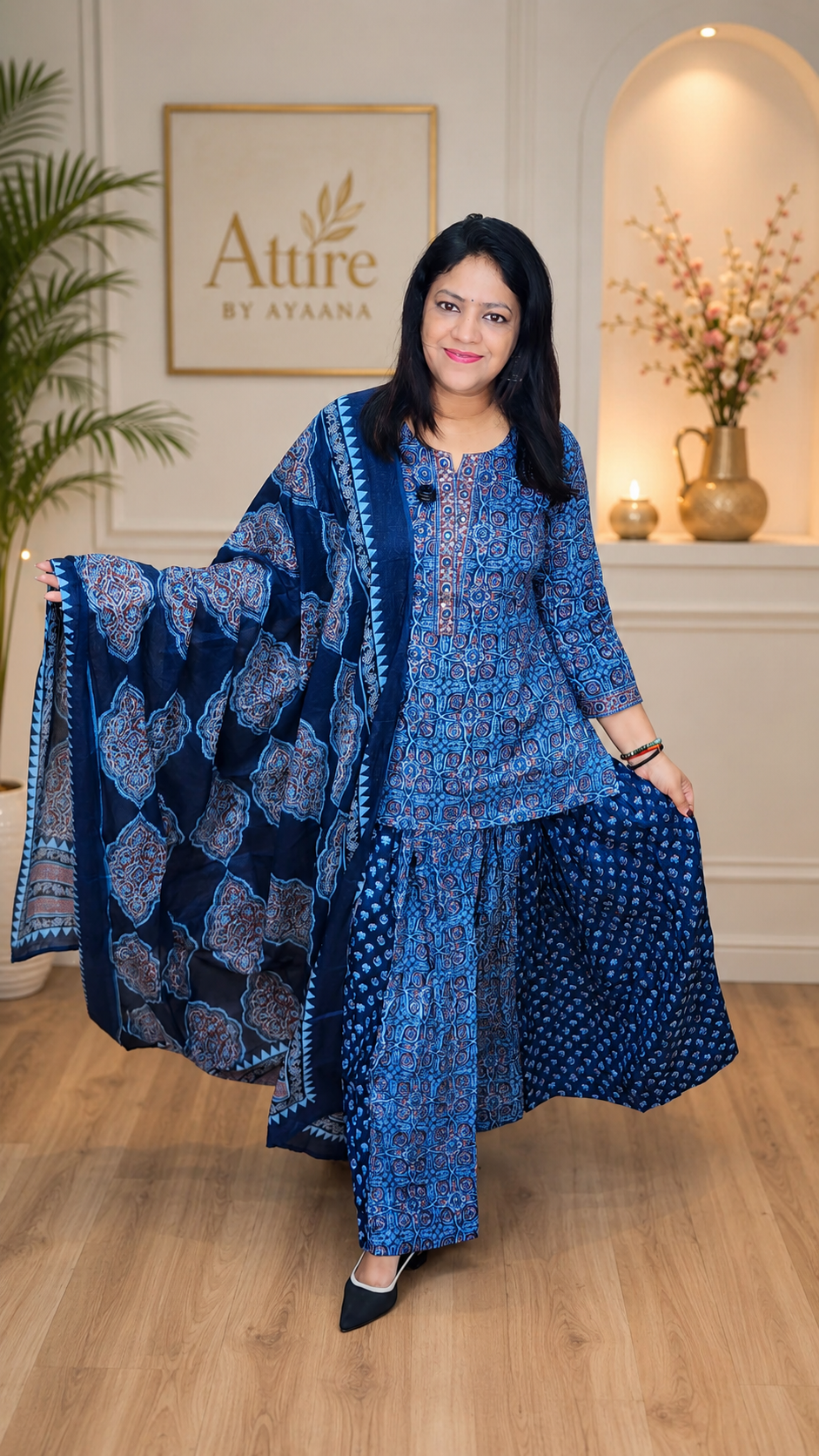 Pure cotton ajrakh print flared skirt with top and dupatta (S260)