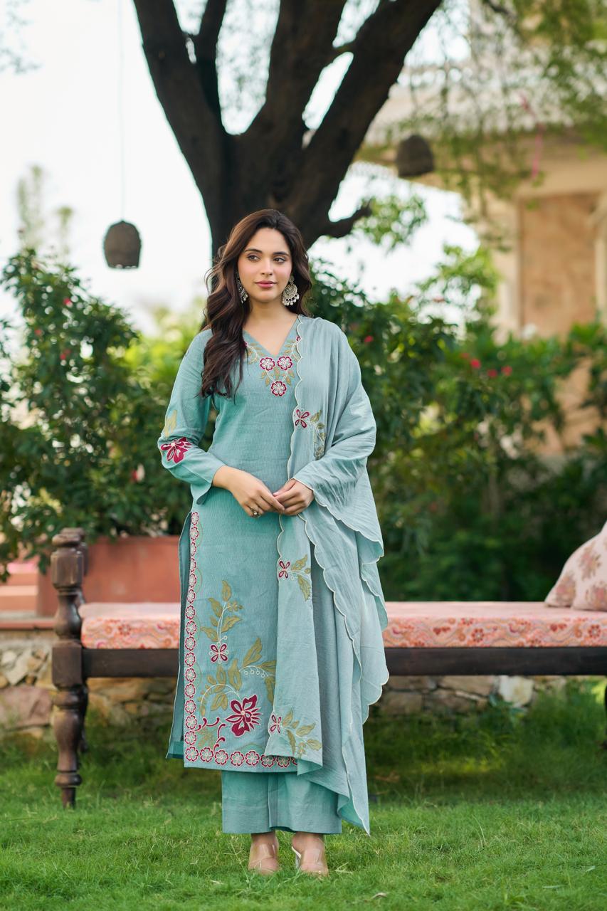 Silly cotton with lining full embroidered three piece set (S124)