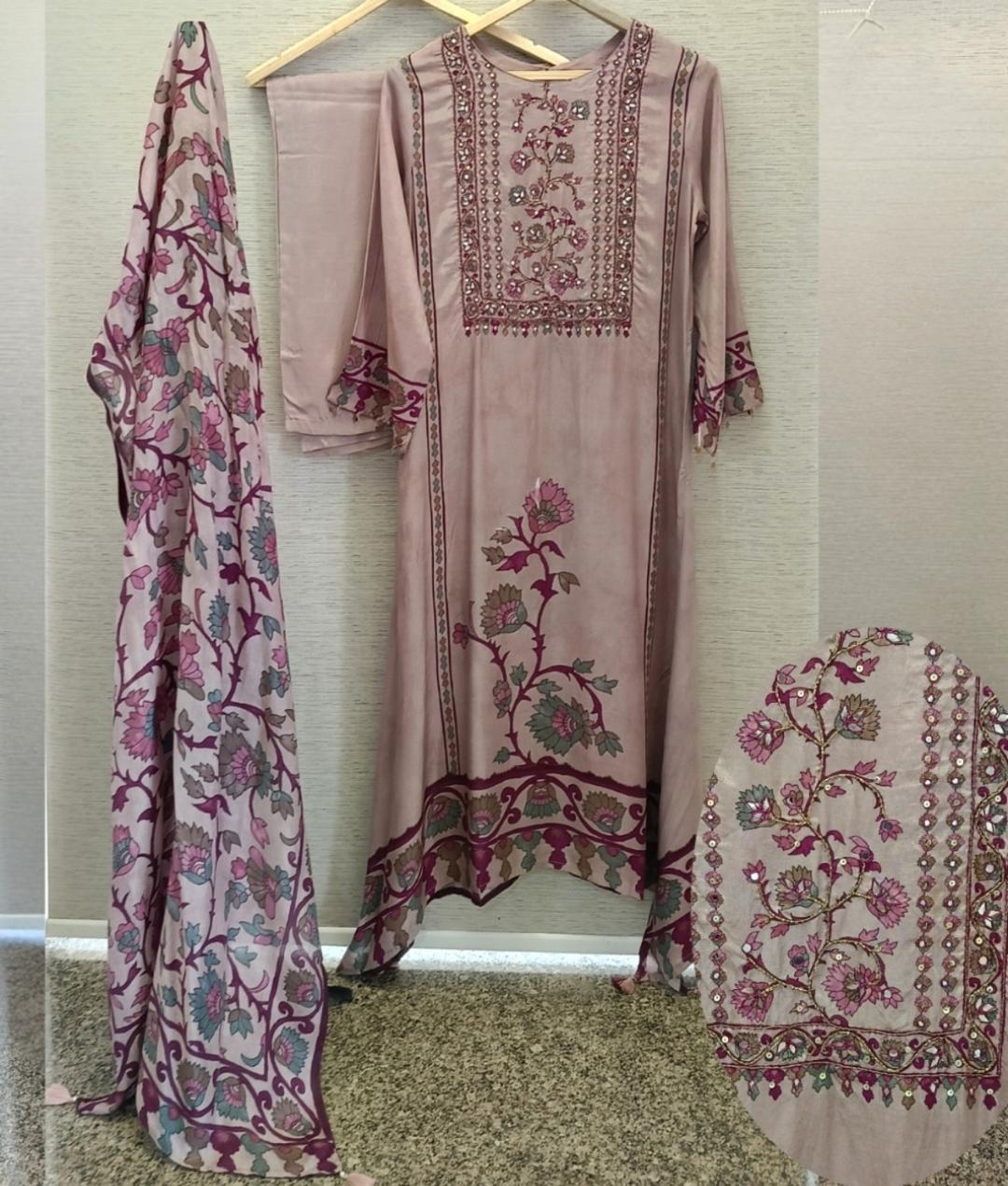 Pure silk with kalamkari dupatta three piece set (A1329)
