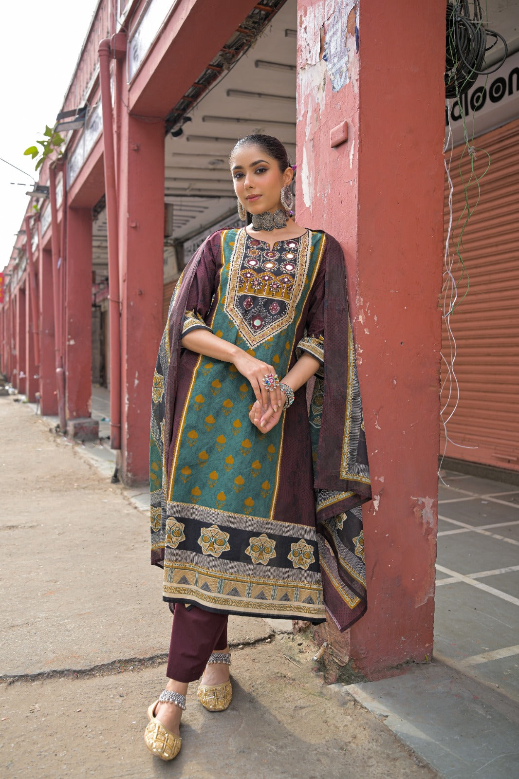 Pure cotton real mirror work three piece set (C653)
