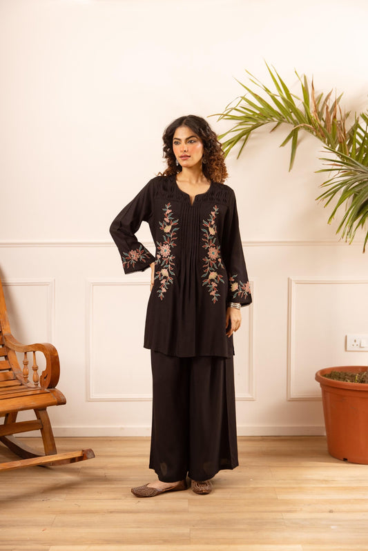 Black cotton modal fully embroidered two piece cordset (B157)
