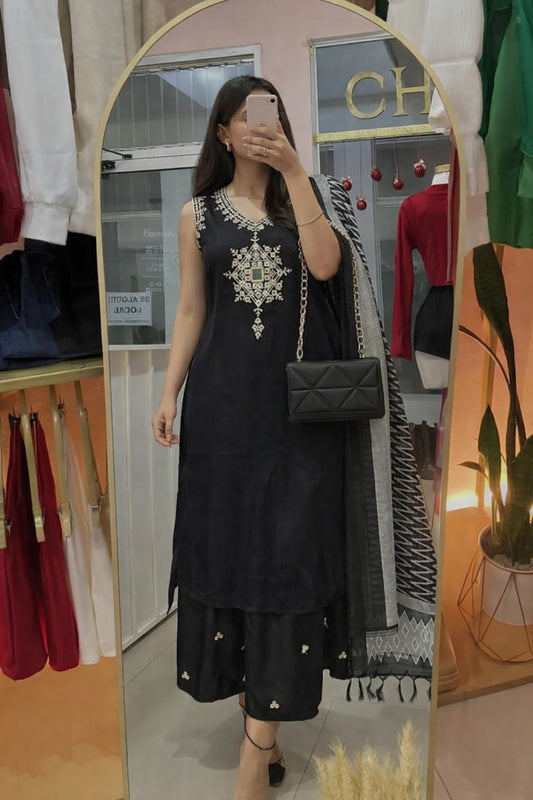 Black cotton modal with additional 3/4 sleeves pure silk dupatta three piece set (A1605)