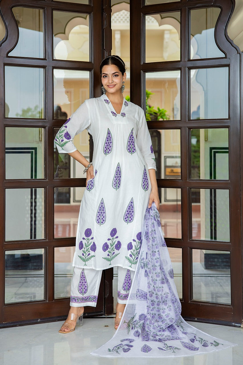 White with purple pure cotton with lining block print and kota dupatta three piece set (P760)