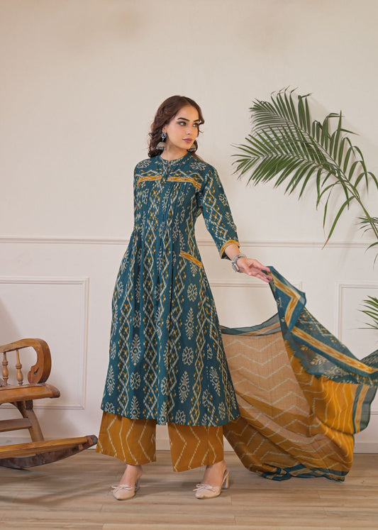 Pure cotton ikkat print three piece set  (B758)