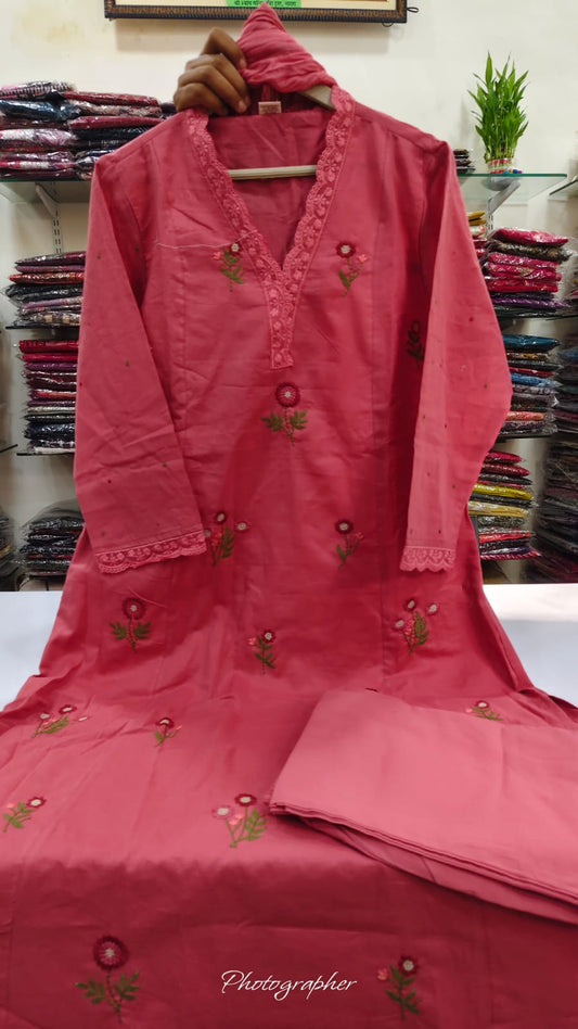 Light pink mul cotton fully thread work three piece set (A1026)