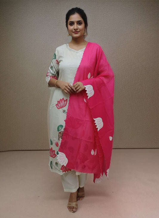 Ivory pure silk with applique work three piece set (A1343)