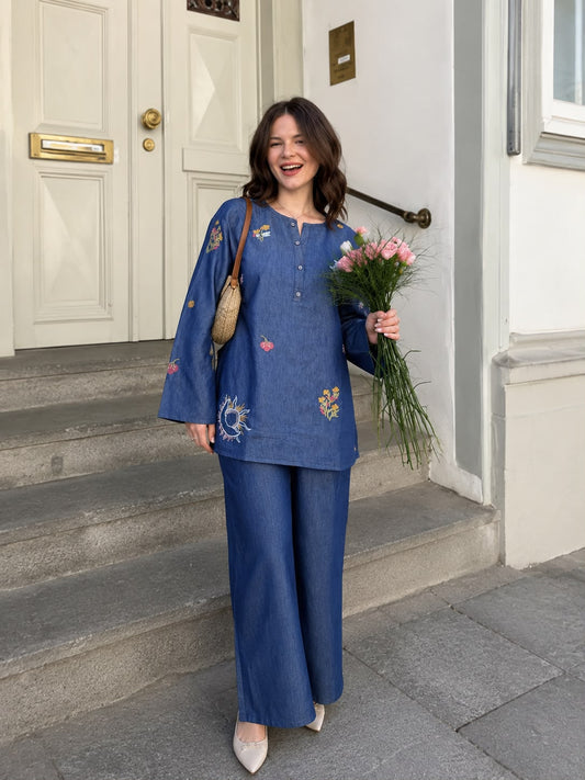 Soft denim pakistani pattern with thread work two piece cordset (S247)