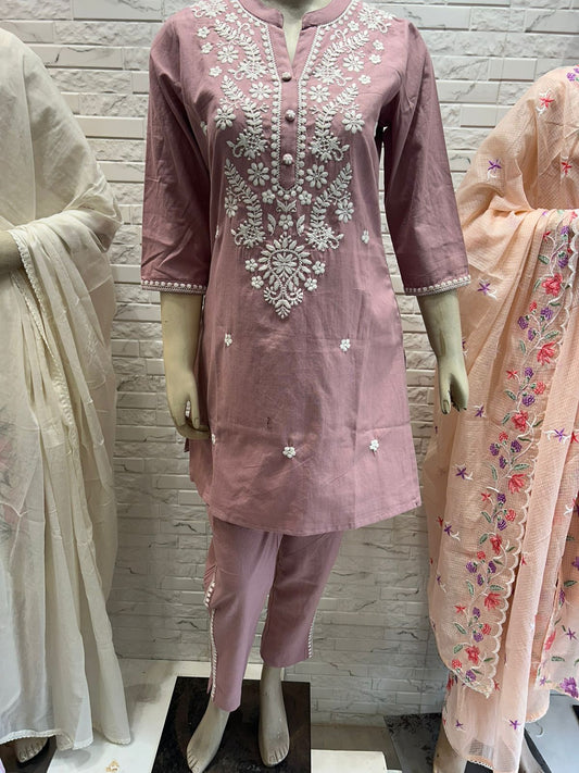 Pink cotton linen with full chikankari embroidery two piece cordset (P501)