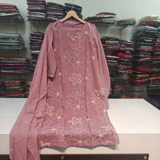 Light lilac pure linen fully thread work three piece set (P2266)