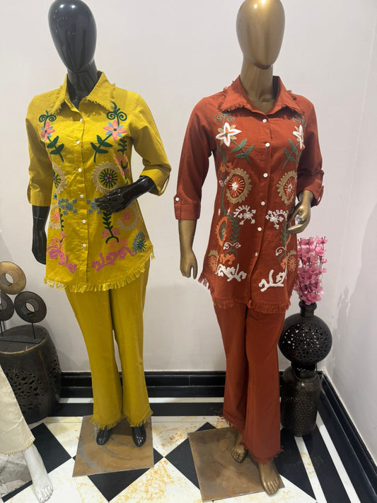 Musterd yellow full thread work two piece cordset (A673)