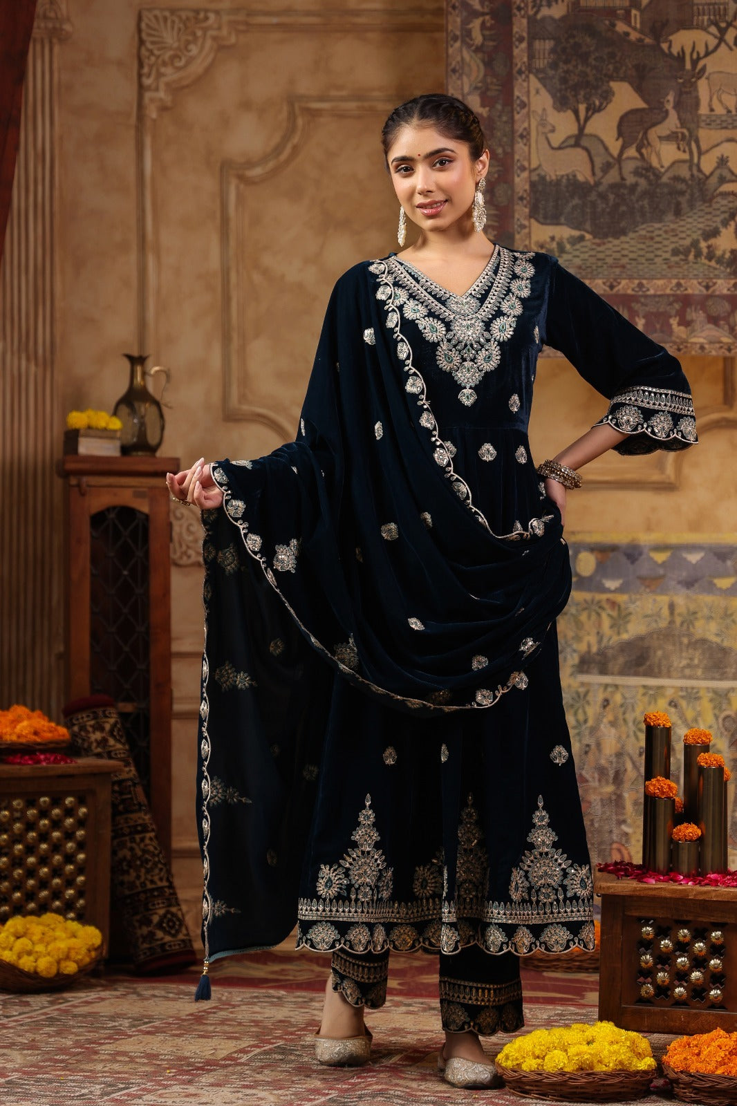 Blue velvet full heavy work flared anarkali (T175)