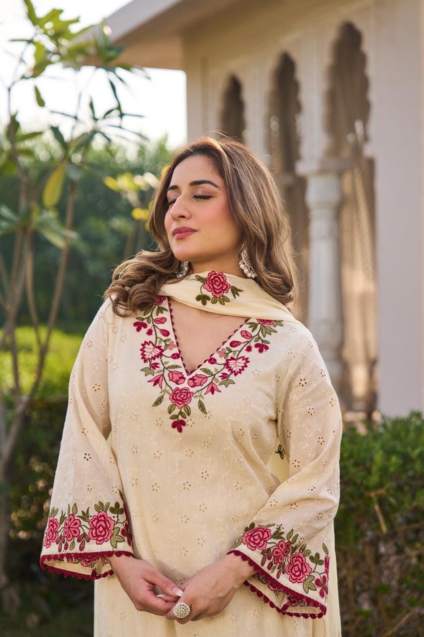 Smart dobi cotton with hakoba full thread work three piece set (B235)