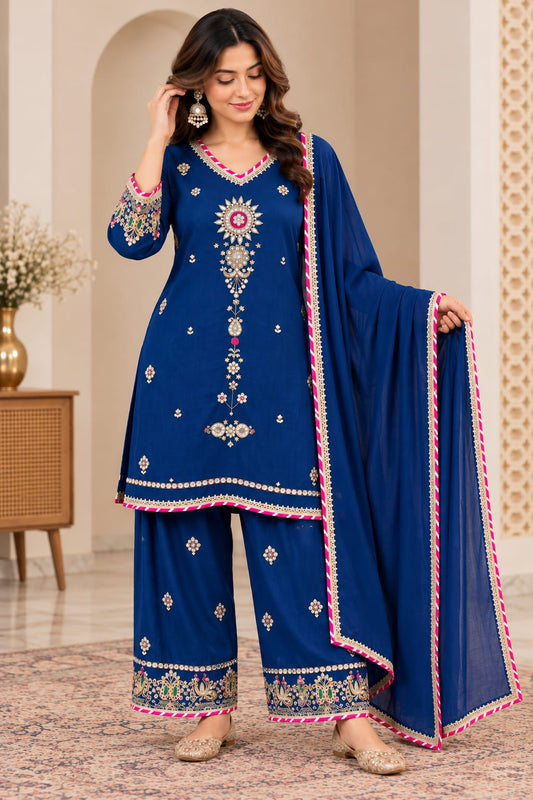 Blue  colour Pure mul chanderi with farshi salwar three piece set (S431)