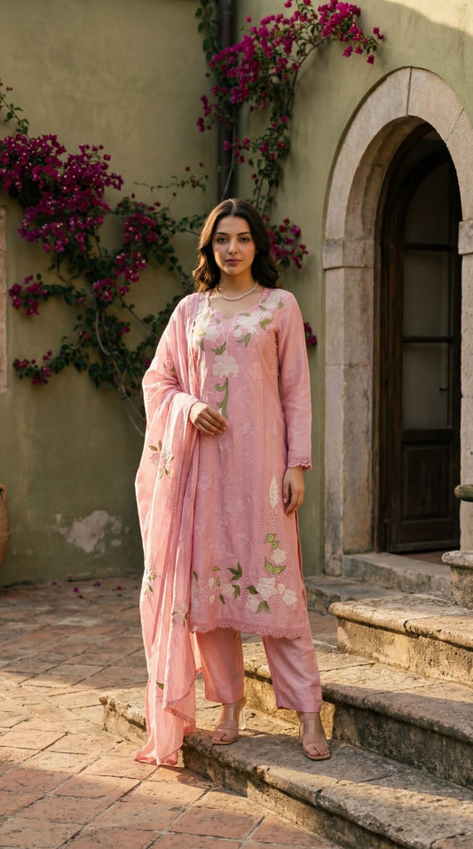 Pure mul chanderi with full thread work mul cotton lining three piece set (B172)