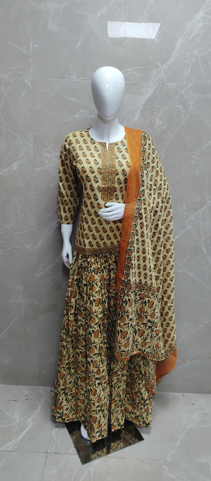 Pure cotton flared skirt bagru print three piece set (S256)