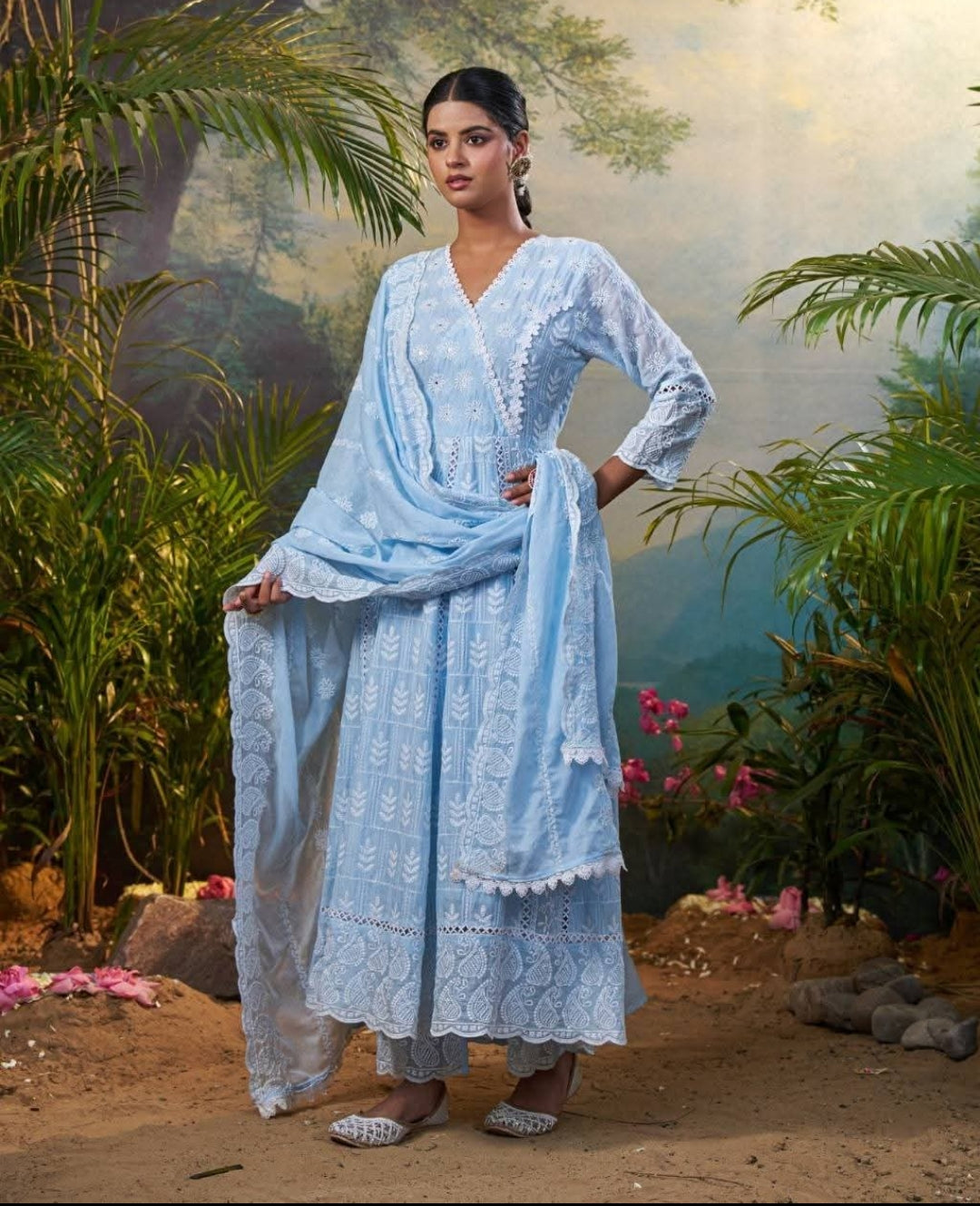 Powder blue mul cotton fully thread work designer three piece anarkali (A583)