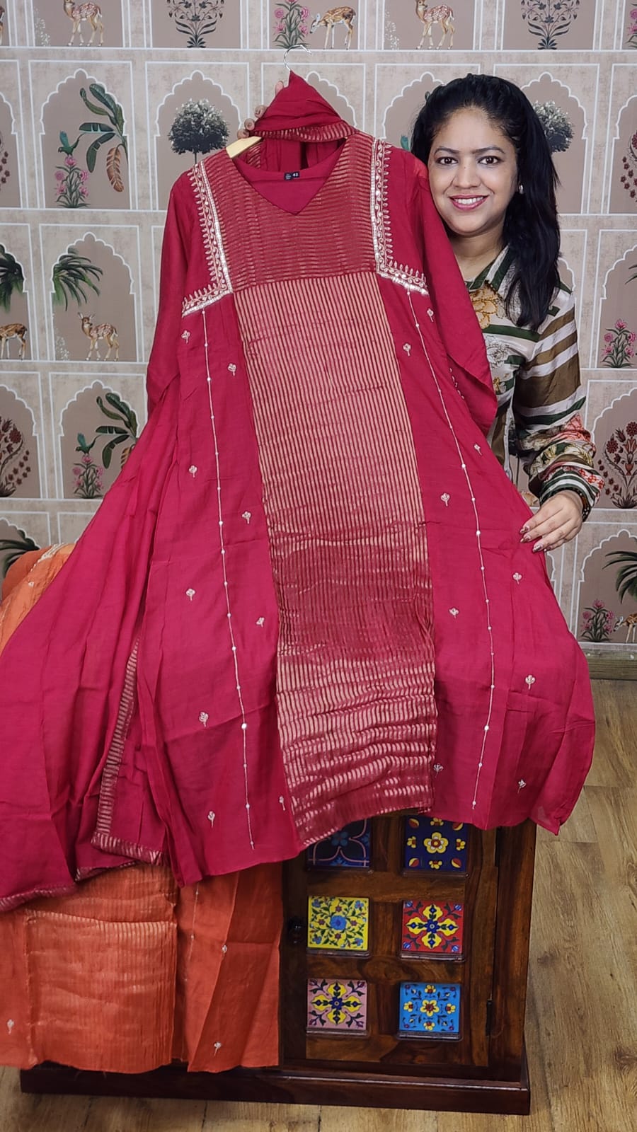 Pure banarsi mul chanderi A line three piece set (C779)