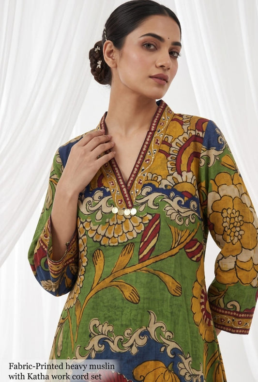 Pure muslin kalamkari print slightly loose fit smart two piece cordset (S215)