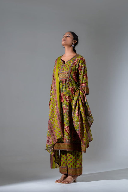 Olive green jaipuri print pure cotton with plazo pant three piece set (A680)