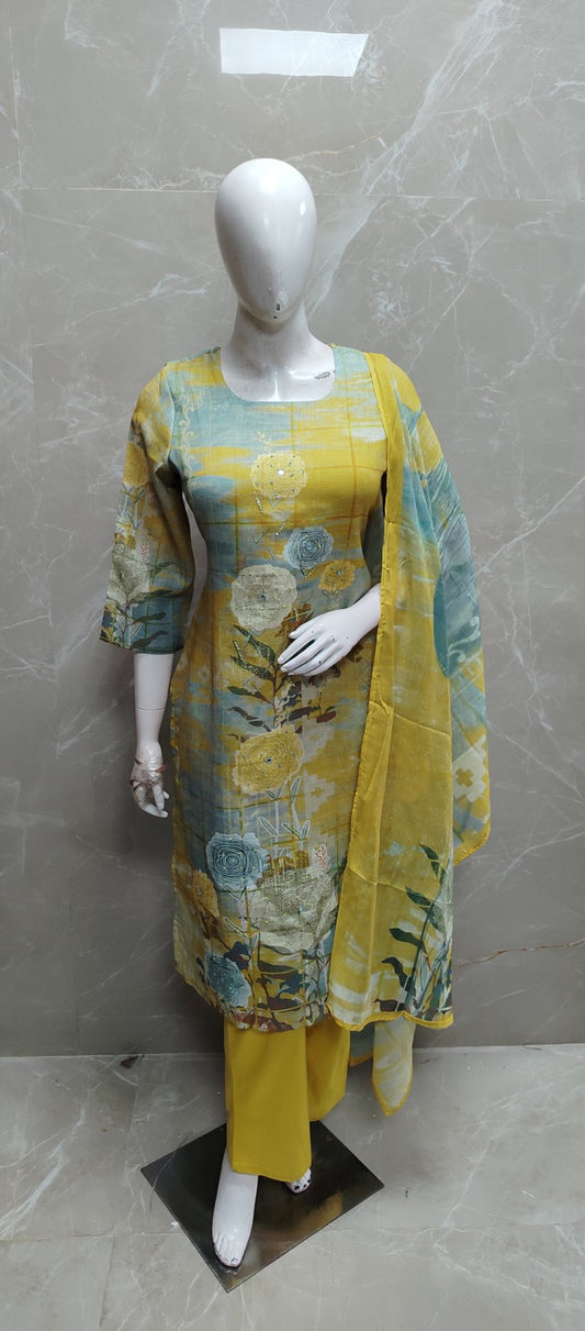 Pure cotton linen with lining with sequence work three piece set (A1882)