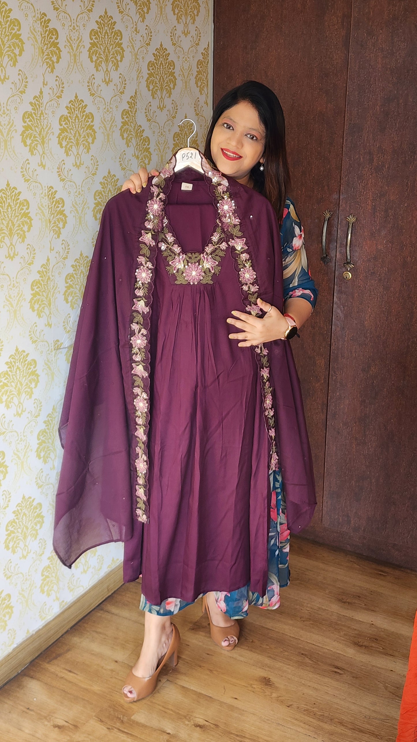 Dark purple heavy cotton rayon with full thread work three piece set (P1348)