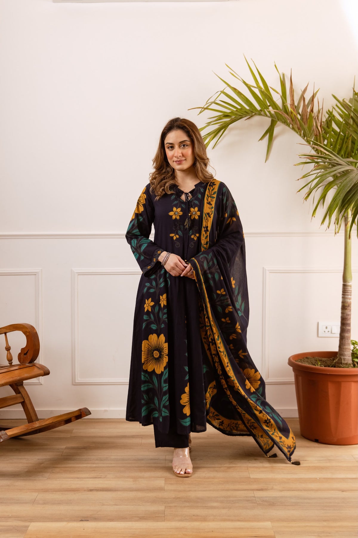 Pure cotton floral print A line pattern flared cotton anarkali three piece set (C699)