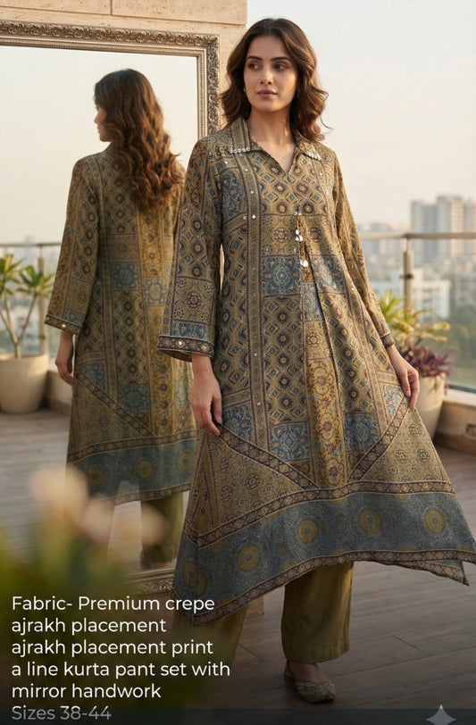 Mustred pure crape Ajrakh print loose pattern fit upto 46 size (B249)