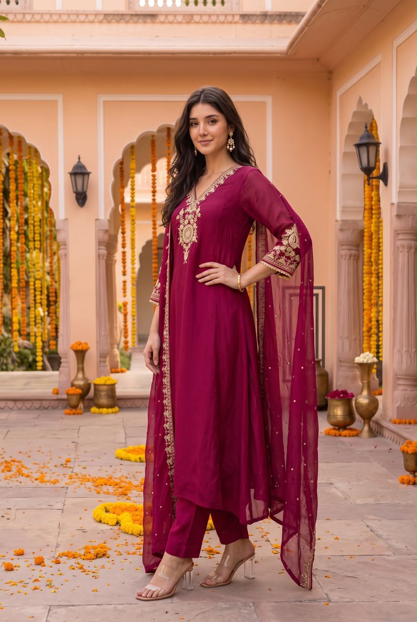 Pure chinnon with lining A line pattern three piece set (C797)