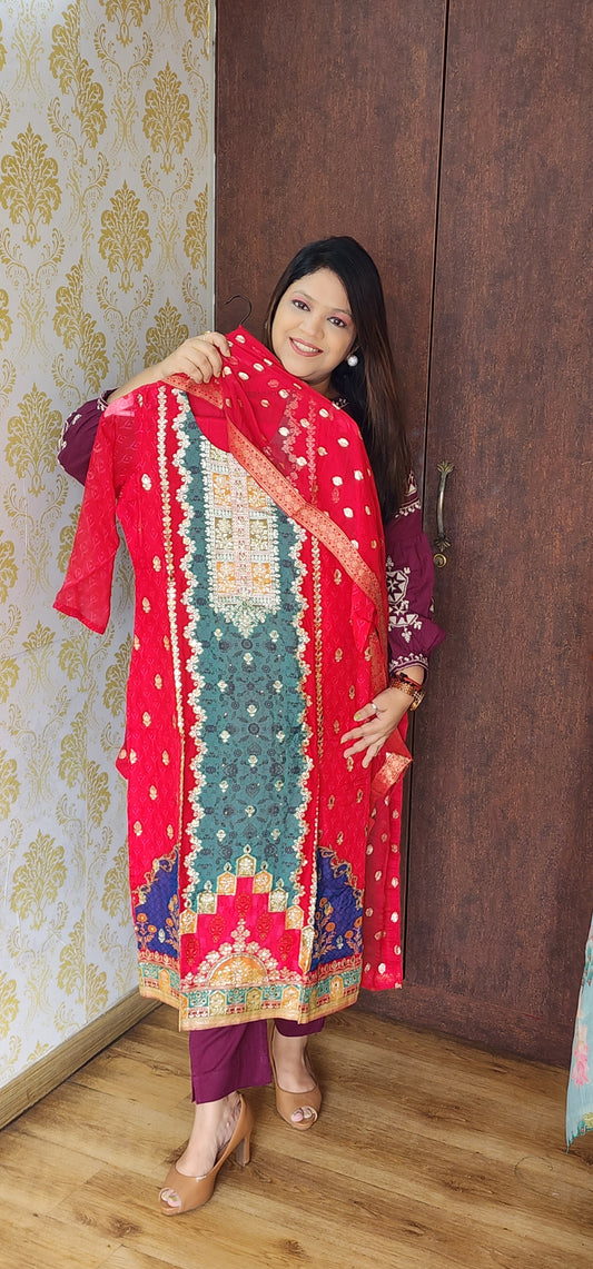 Red pure oraganza full banarsai weaved three piece set (P799)